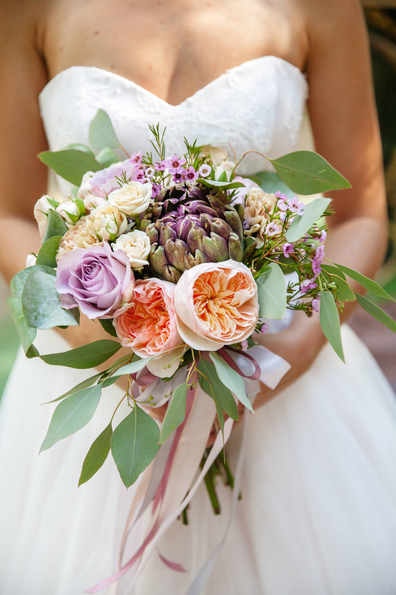 Bride holding a colourful